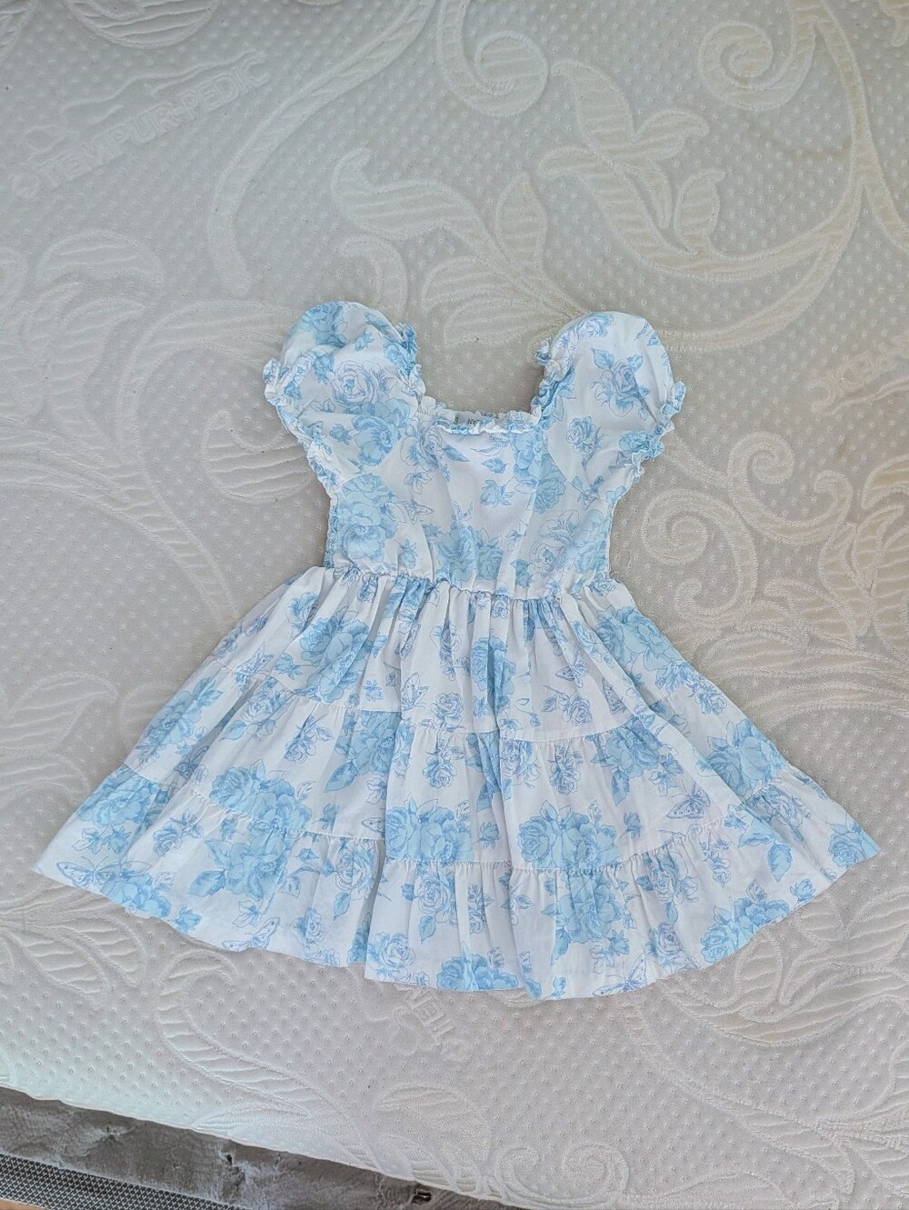 Bonnie Jean White and Light Blue Floral Ruffle Dress